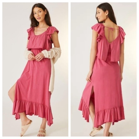 Anthropologie‎ Dress Women XS Pink Magenta Flutter Sleeve Cut Out Midi Bohemian - Picture 1 of 16